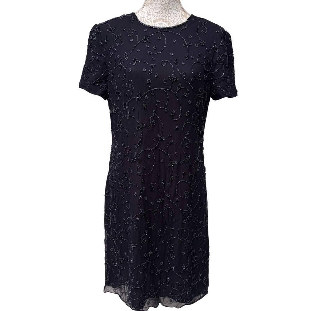 Talbots // black beaded silk mini dress size 12 jun2